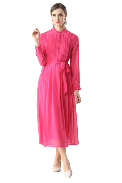 Women's 2026 Spring Fall Midi Dress with Belt Casual Long Sleeve Lace V Neck Pleated A Line Flowy Dresses for Work or Daily