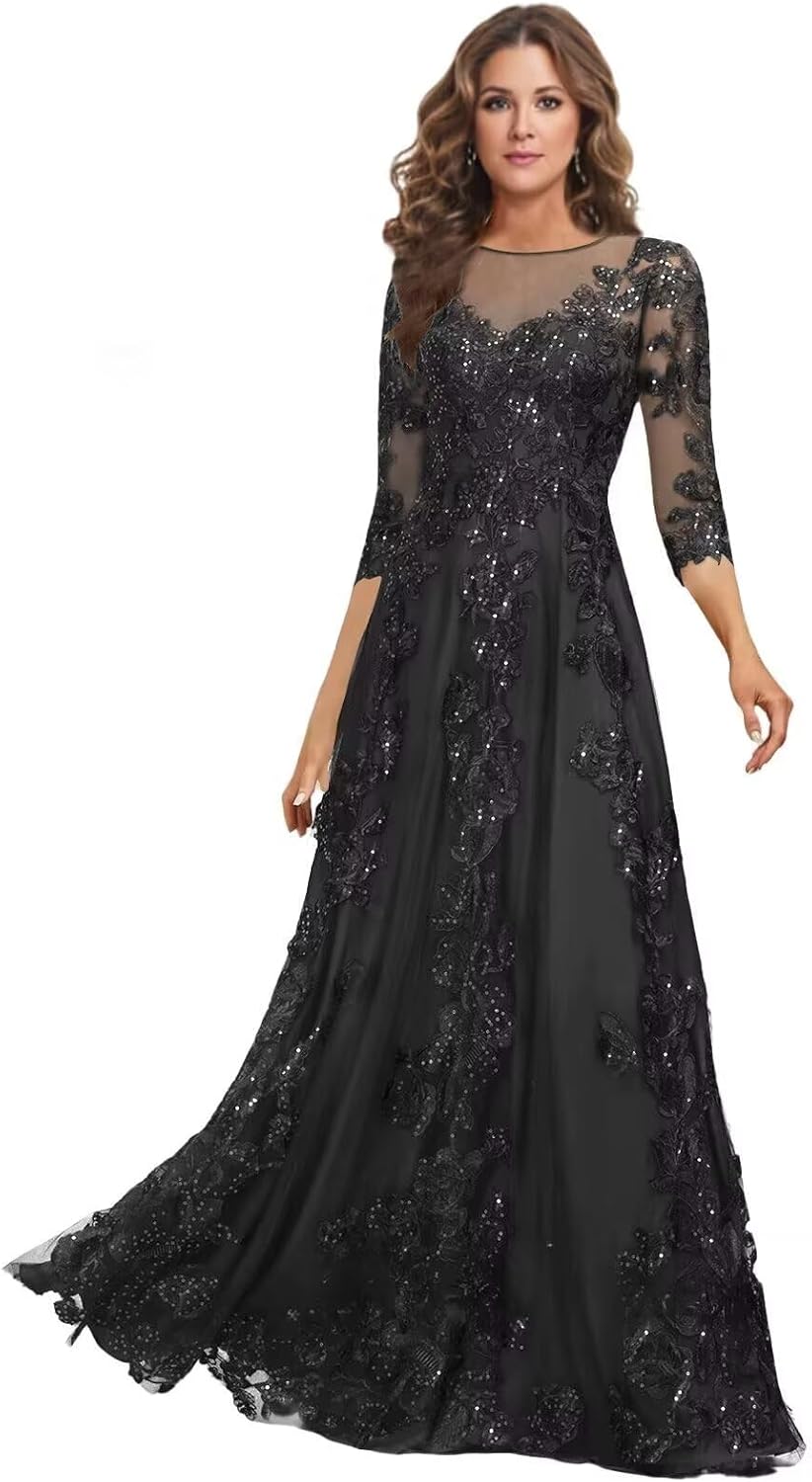 Lace Mother of the Bride Dress Long for Wedding Party Guest 3/4 Sleeves Formal Evening Gown JH028
