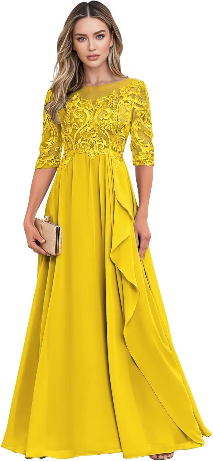 Long Mother of The Bride Dresses for Wedding Guest Half Sleeves Ruffle A Line Evening Party Gown HX012