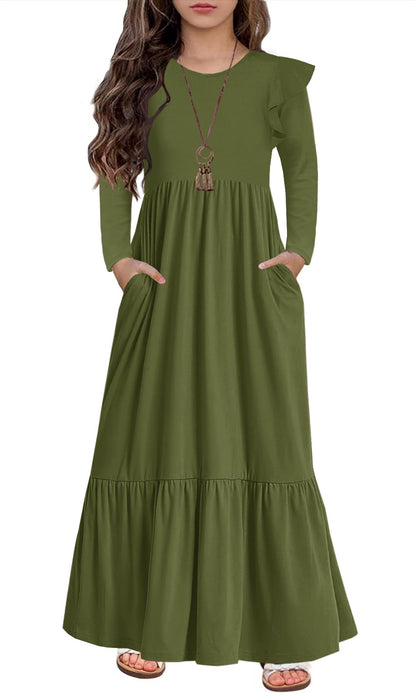 HOSIKA Girls Fall Ruffle Long Sleeve Crew Neck Loose Casual Flowy Tiered Maxi Dress with Pockets for 6-12 Y