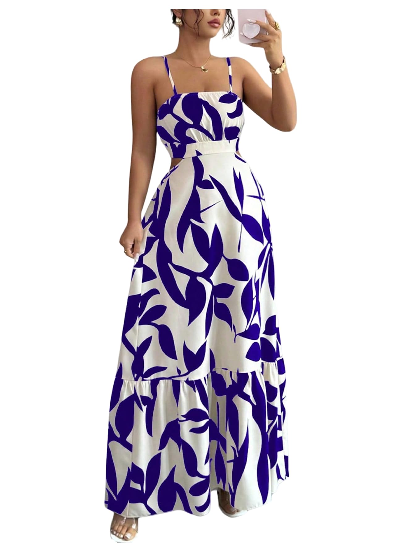 OYOANGLE Women's Cut Out Floral Print Tropical Maxi Cami Dress Ruffle Flowy Summer Vacation Spaghetti Strap Sundress