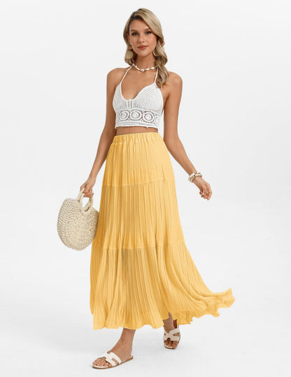 Kate Kasin 2026 Women's Chiffon Maxi Skirt, High Waist Pleated Skirts, Summer Flowy Long Skirts with Underskirt