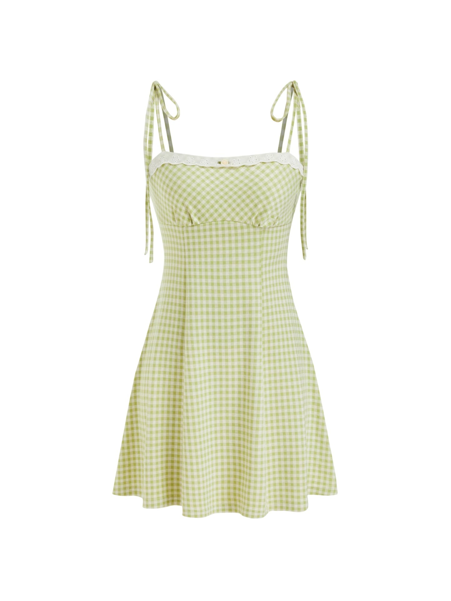 CIDER Womens Summer Gingham Dress Plaid Tie Spaghetti Strap Sleeveless Lace Trim Cute A Line Casual Mini Dresses Sundress