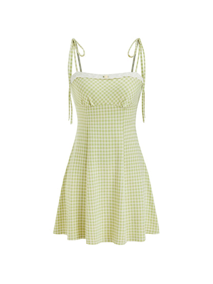 CIDER Womens Summer Gingham Dress Plaid Tie Spaghetti Strap Sleeveless Lace Trim Cute A Line Casual Mini Dresses Sundress