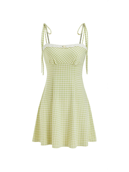 CIDER Womens Summer Gingham Dress Plaid Tie Spaghetti Strap Sleeveless Lace Trim Cute A Line Casual Mini Dresses Sundress