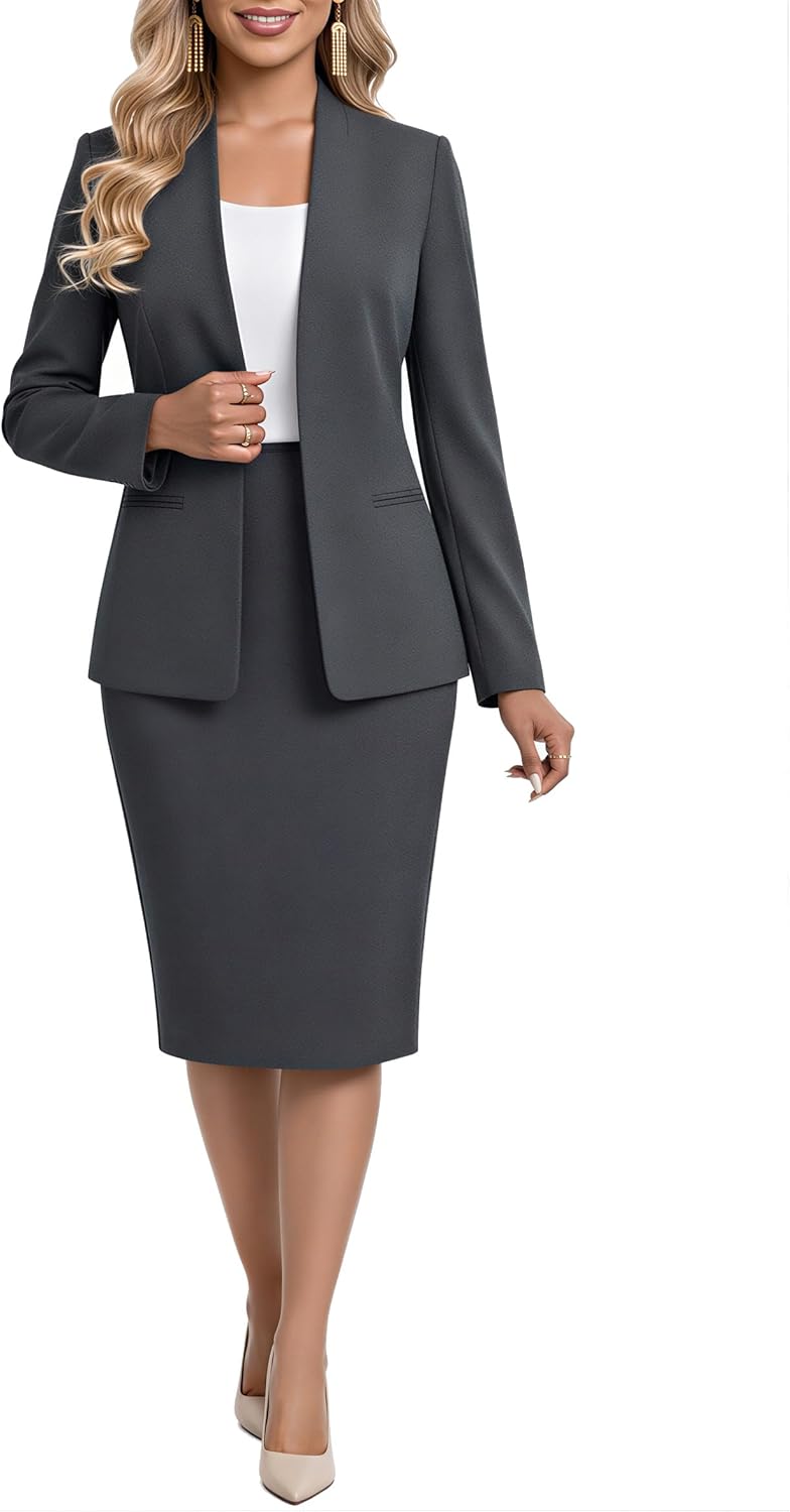 Women's 2 Piece Business Suit Skirt Set Collarless Blazer Jacket & Pencil Skirt Office Work Professional Outfits