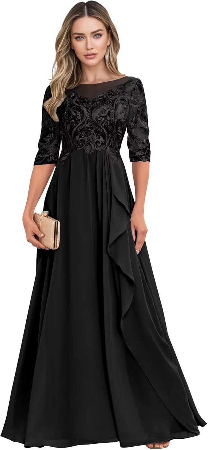 Long Mother of The Bride Dresses for Wedding Guest Half Sleeves Ruffle A Line Evening Party Gown HX012