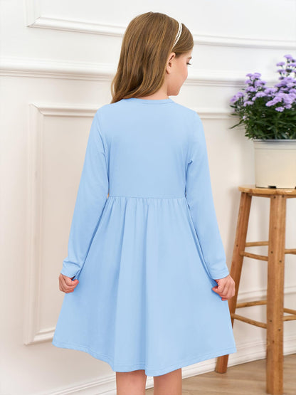 Girls Dresses Kids Button Down Midi Long Sleeve Casual A Line Dress with Pockets 4-14 Years