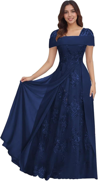 Lace Sequin Applique Mother of The Bride Dresses for Wedding Cap Sleeve A Line Long Wedding Guest Dresses for Women