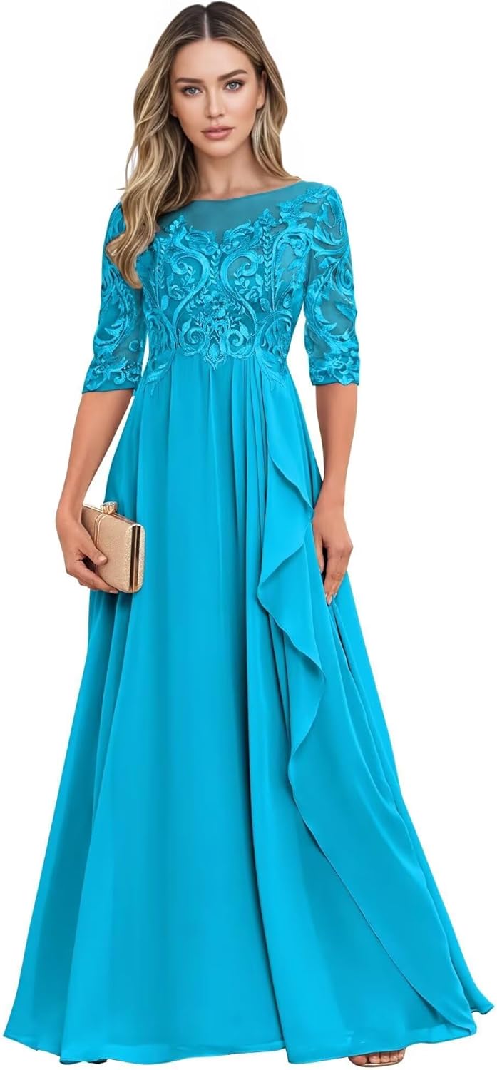 Long Mother of The Bride Dresses for Wedding Guest Half Sleeves Ruffle A Line Evening Party Gown HX012