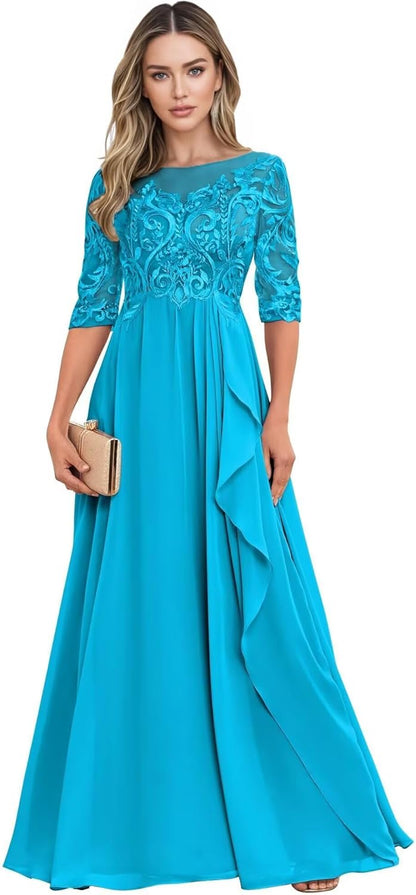 Long Mother of The Bride Dresses for Wedding Guest Half Sleeves Ruffle A Line Evening Party Gown HX012