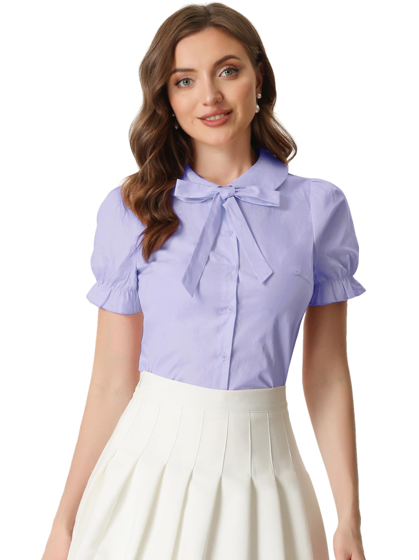 Allegra K Women's Vintage Peter Pan Collar Tie Neck Casual Cute Cotton Button-Up Shirt