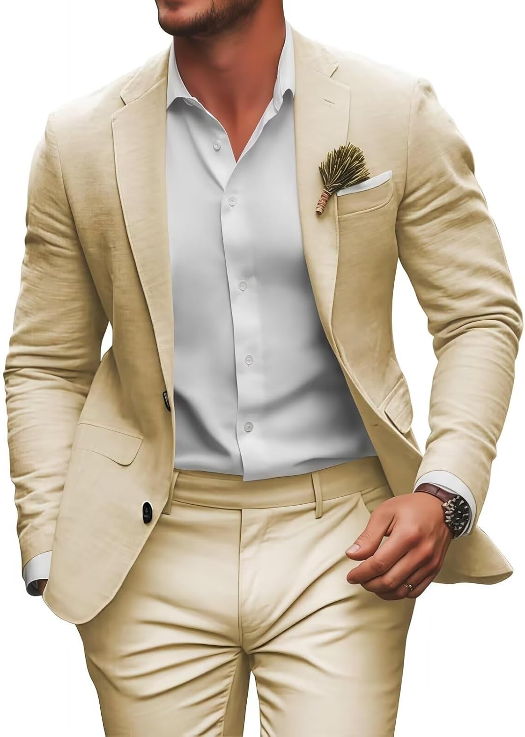 Retro Linen Mens Suit 2 Pieces Slim Fit Light Weight Beach Summer Wedding Tuxedo Set Jacket Blazer Pants for Men