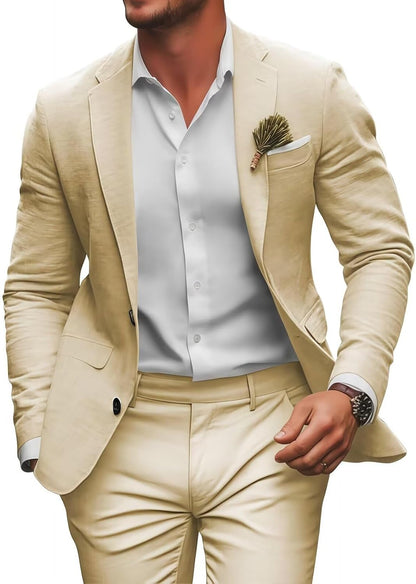 Retro Linen Mens Suit 2 Pieces Slim Fit Light Weight Beach Summer Wedding Tuxedo Set Jacket Blazer Pants for Men