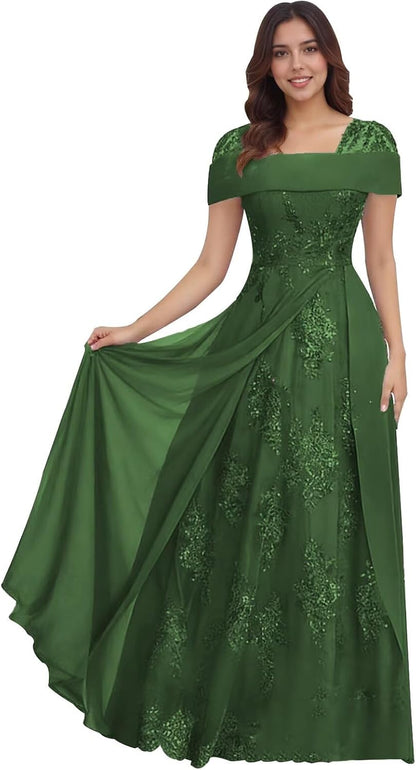 Lace Sequin Applique Mother of The Bride Dresses for Wedding Cap Sleeve A Line Long Wedding Guest Dresses for Women