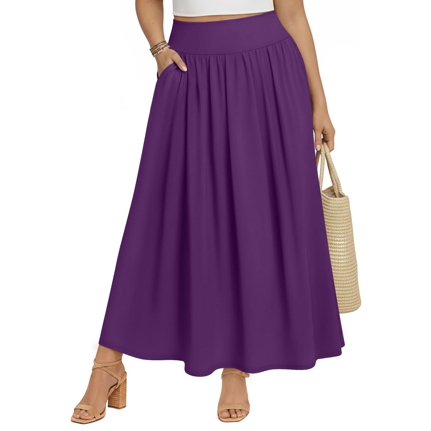 Plus Size Maxi Skirt for Curvy Women Pockets 2026 Ankle Length High Waisted Pleated Flowy a Line Summer Long Skirt