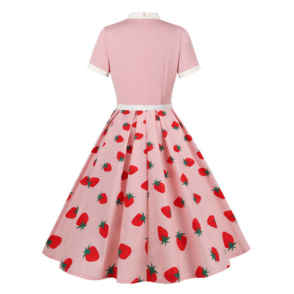 50s Style Dresses for Women Vintage Short Sleeve Tie Neck Swing Dress Midi Prom Dress with Belt