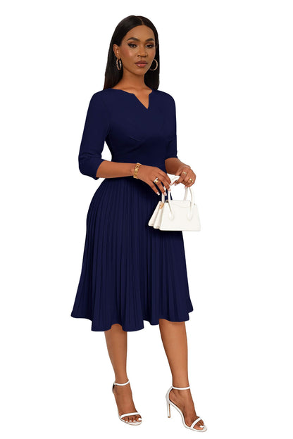 CLOCOR Midi Dresses for Women, 3/4 Sleeve A Line Pleated Casual Dress V Neck Church Cocktail Wedding Guest Dress