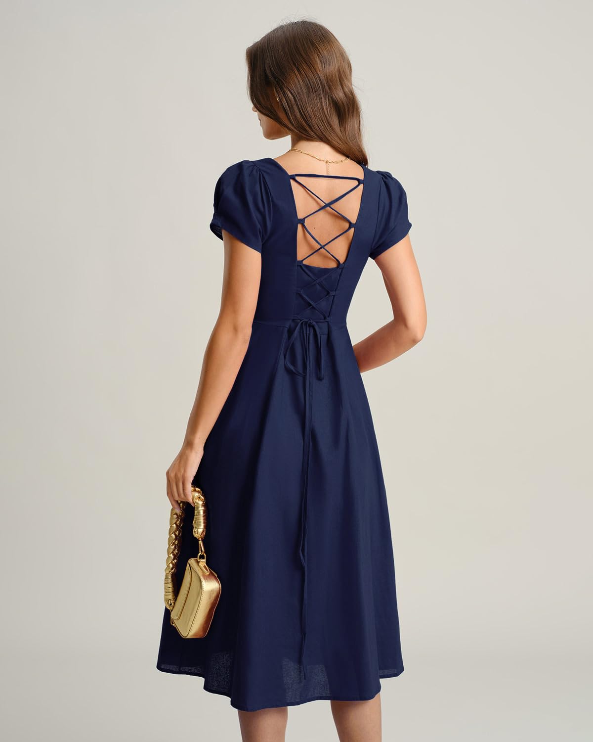 RIHOAS Elegant Casual Dresses for Women Short Sleeve Puff Square Neck A-Line Midi Dress