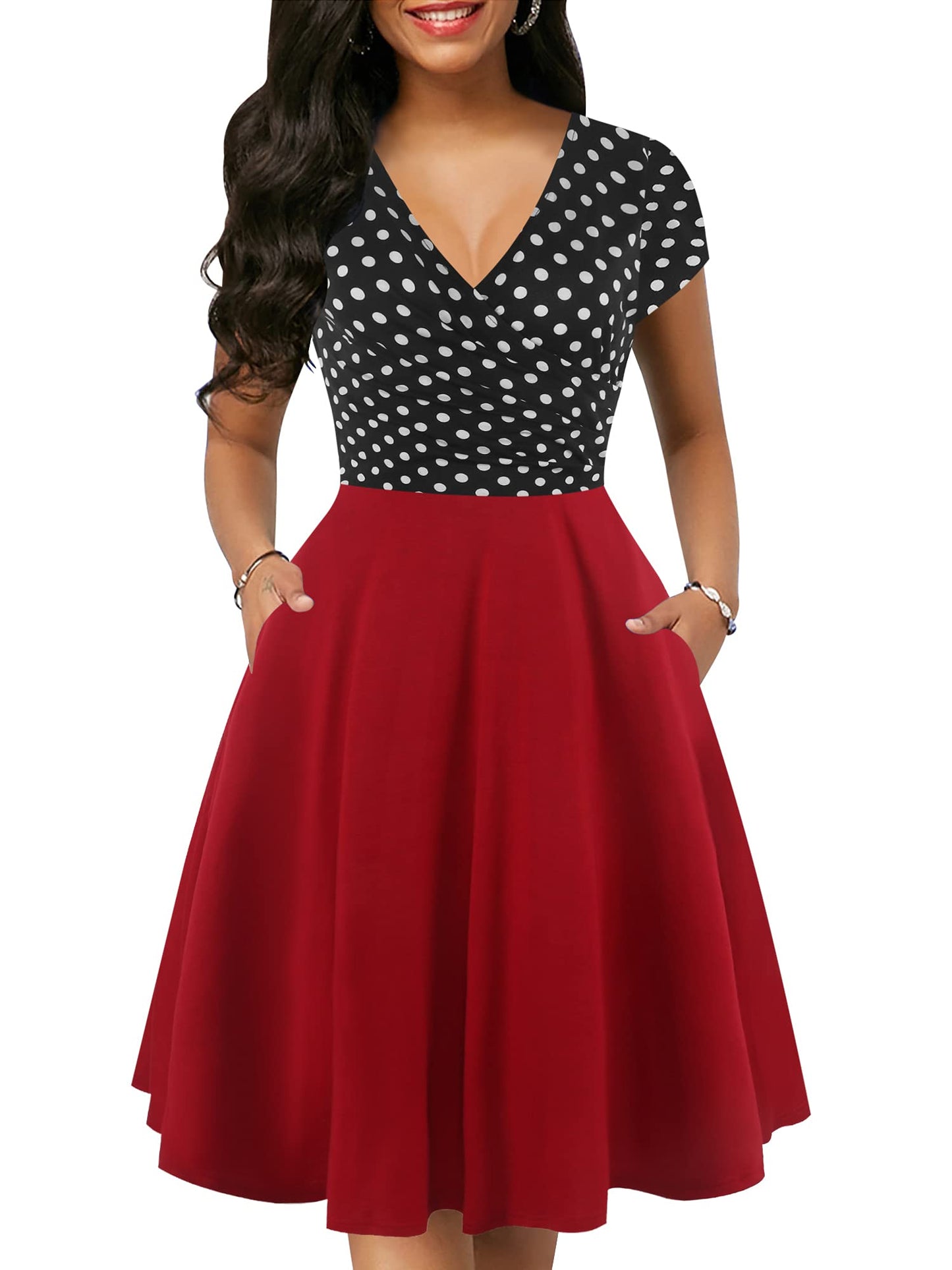 oxiuly Women's Vintage Dot V-Neck Cap Sleeve Casual Pockets Swing Tea Dress OX296