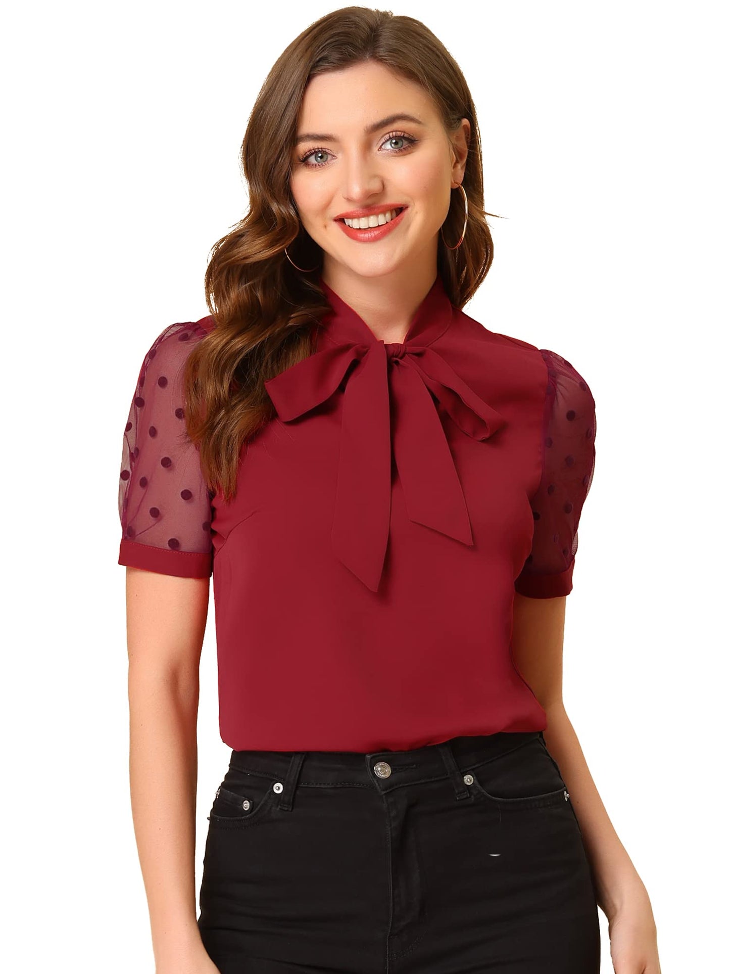 Allegra K Women's Bow Tie Neck V Neck Stand Collar Short Mesh Sleeve Blouse