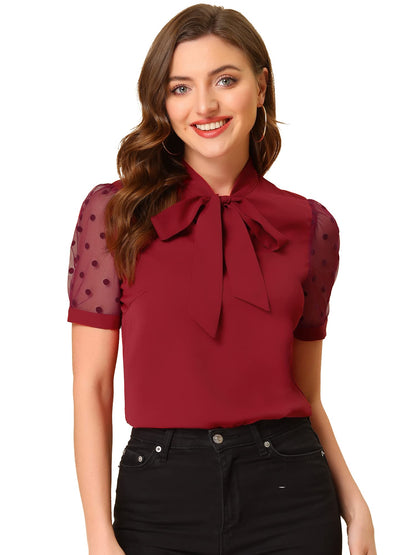 Allegra K Women's Bow Tie Neck V Neck Stand Collar Short Mesh Sleeve Blouse