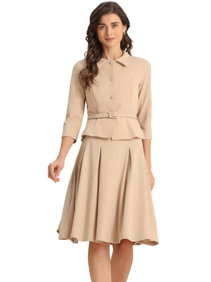 Allegra K Business Skirt Suit Sets for Women's 2 Piece Outfits Office 3/4 Sleeve Blazer Jacket Pleated Skirts
