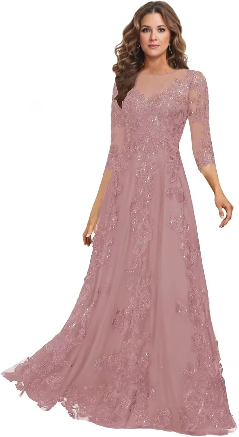 Lace Mother of the Bride Dress Long for Wedding Party Guest 3/4 Sleeves Formal Evening Gown JH028