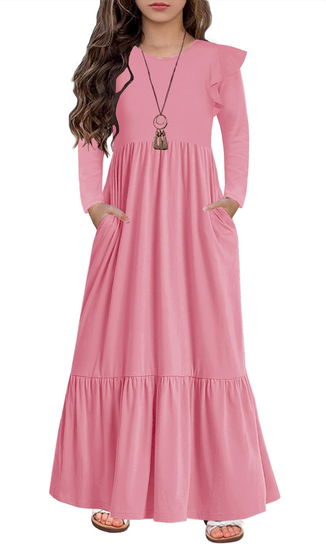 HOSIKA Girls Fall Ruffle Long Sleeve Crew Neck Loose Casual Flowy Tiered Maxi Dress with Pockets for 6-12 Y