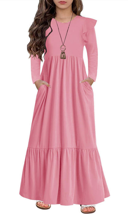 HOSIKA Girls Fall Ruffle Long Sleeve Crew Neck Loose Casual Flowy Tiered Maxi Dress with Pockets for 6-12 Y