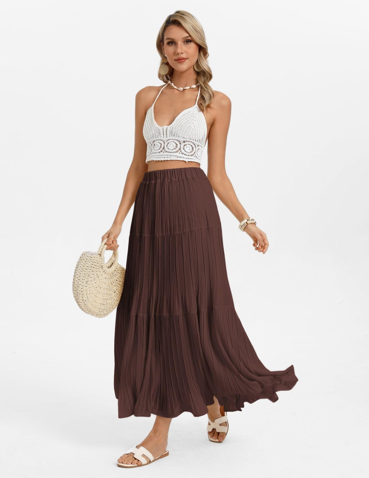 Kate Kasin 2026 Women's Chiffon Maxi Skirt, High Waist Pleated Skirts, Summer Flowy Long Skirts with Underskirt