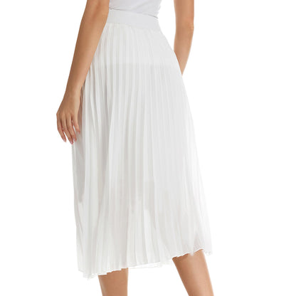 Womens Chiffon High Waist Skirt Pleated A-Line Swing Elastic Shirring Midi Length