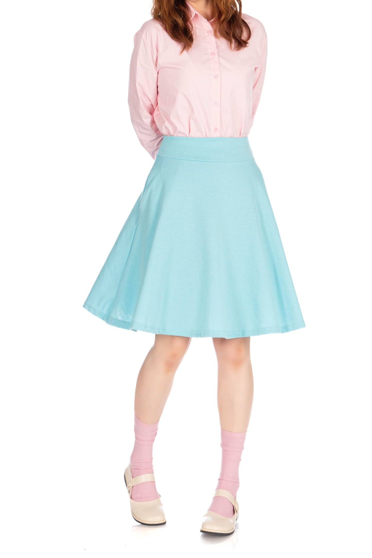 Dani's Choice High-Waisted Cotton Blend Skirt with Pockets - Knee Length A-line Flare for Business and Casual Wear