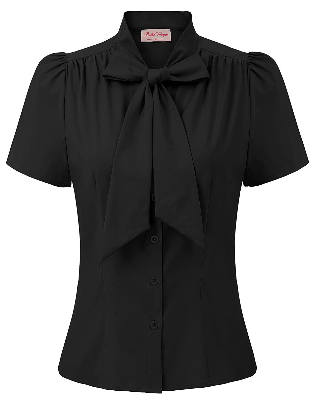 Belle Poque Summer Short Sleeve Office Button Down Blouse Stripe Shirt Tops with Bow Tie BP573