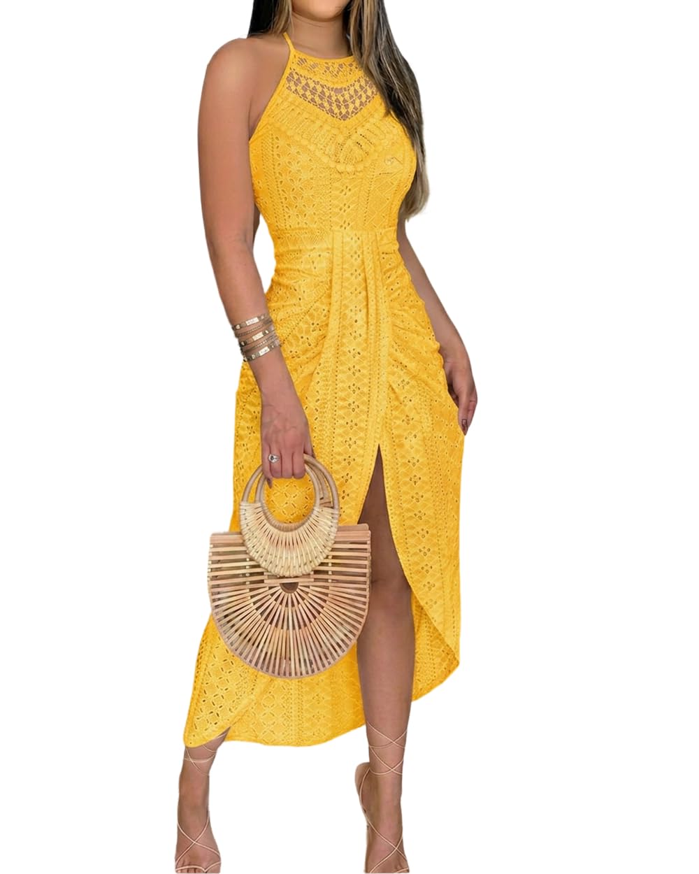 CHICME Womens Summer Halter Dress Hollow Out A Line Vacation Dresses with Eyelet Embroidery & Side Slit