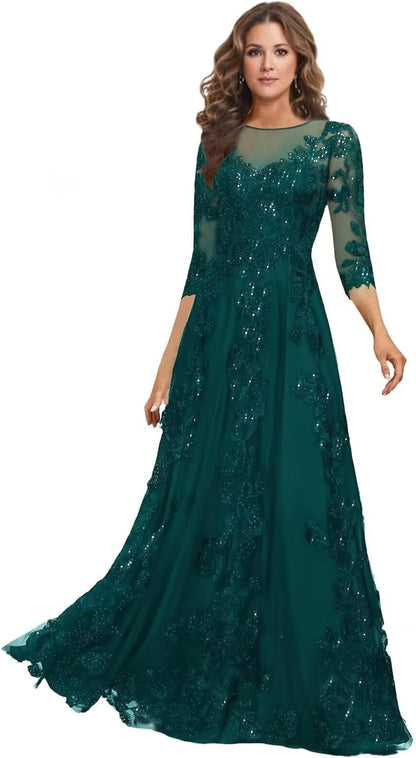 Lace Mother of the Bride Dress Long for Wedding Party Guest 3/4 Sleeves Formal Evening Gown JH028