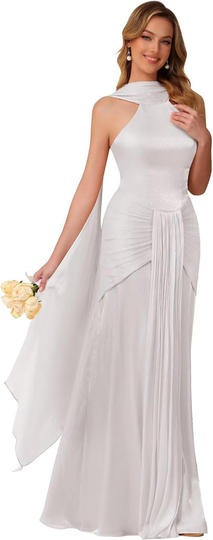Halter Bridesmaid Dresses Long with Scarf Shimmer Chiffon Formal Dress Pleated Mermaid Evening Gowns for Women