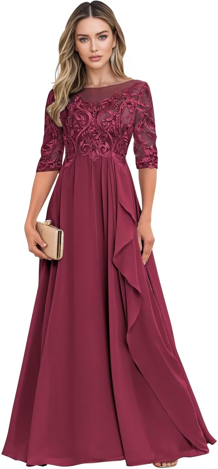Long Mother of The Bride Dresses for Wedding Guest Half Sleeves Ruffle A Line Evening Party Gown HX012