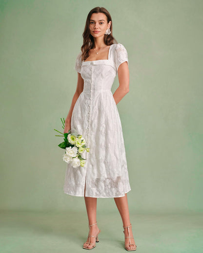 RIHOAS Elegant Casual Dresses for Women Short Sleeve Puff Square Neck A-Line Midi Dress