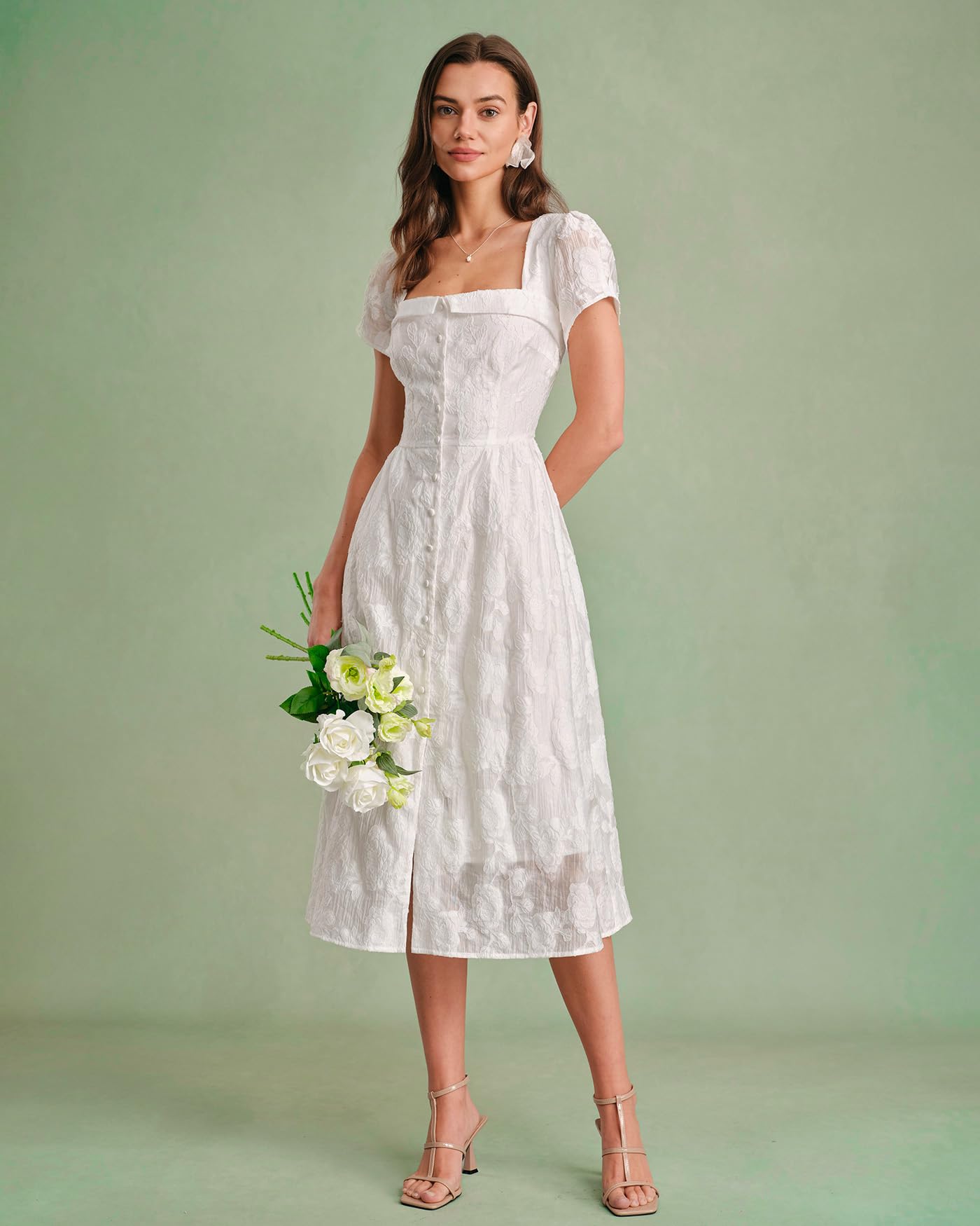 RIHOAS Elegant Casual Dresses for Women Short Sleeve Puff Square Neck A-Line Midi Dress