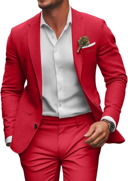 Retro Linen Mens Suit 2 Pieces Slim Fit Light Weight Beach Summer Wedding Tuxedo Set Jacket Blazer Pants for Men