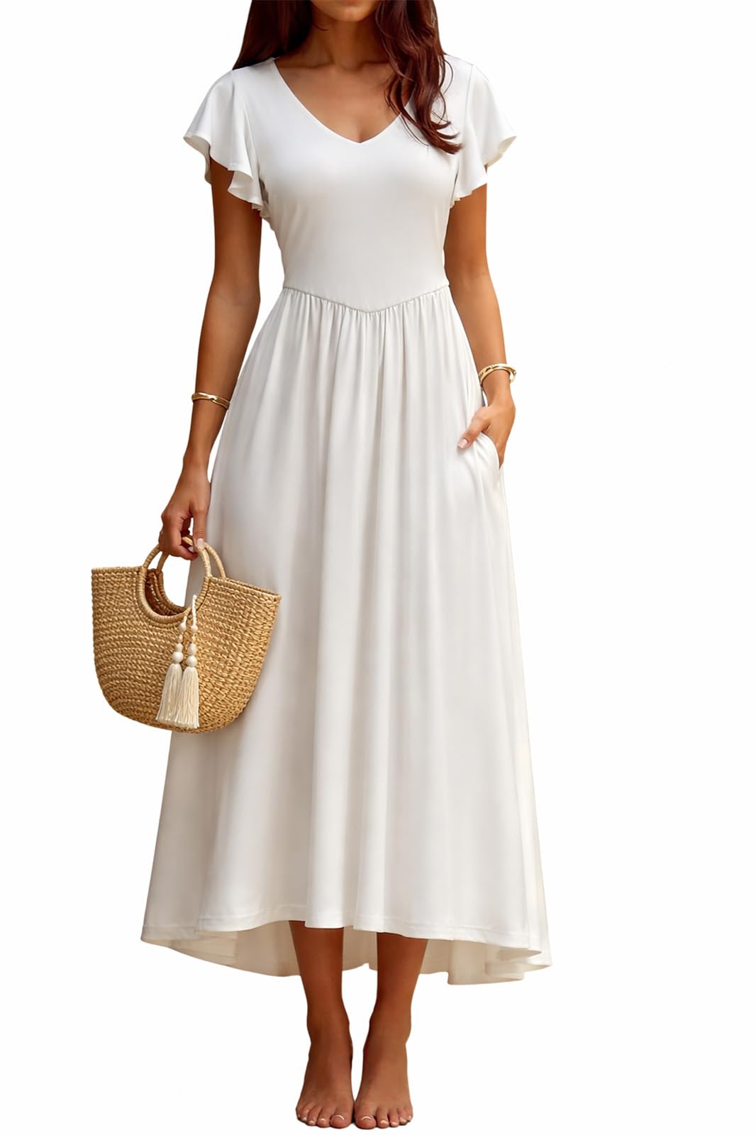 YUNDAI Women's Scoop Neck Flutter Sleeve Midi Dress with Pocket Elegant Flowy A Line Tie Back Dress