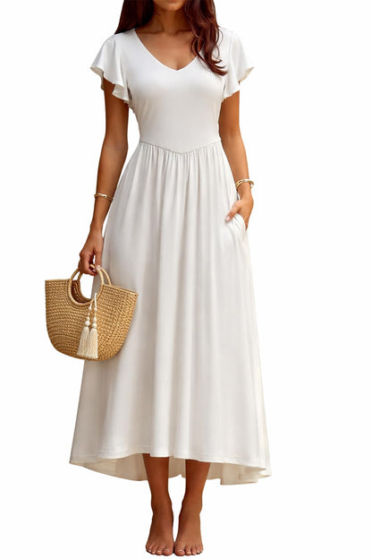 YUNDAI Women's Scoop Neck Flutter Sleeve Midi Dress with Pocket Elegant Flowy A Line Tie Back Dress