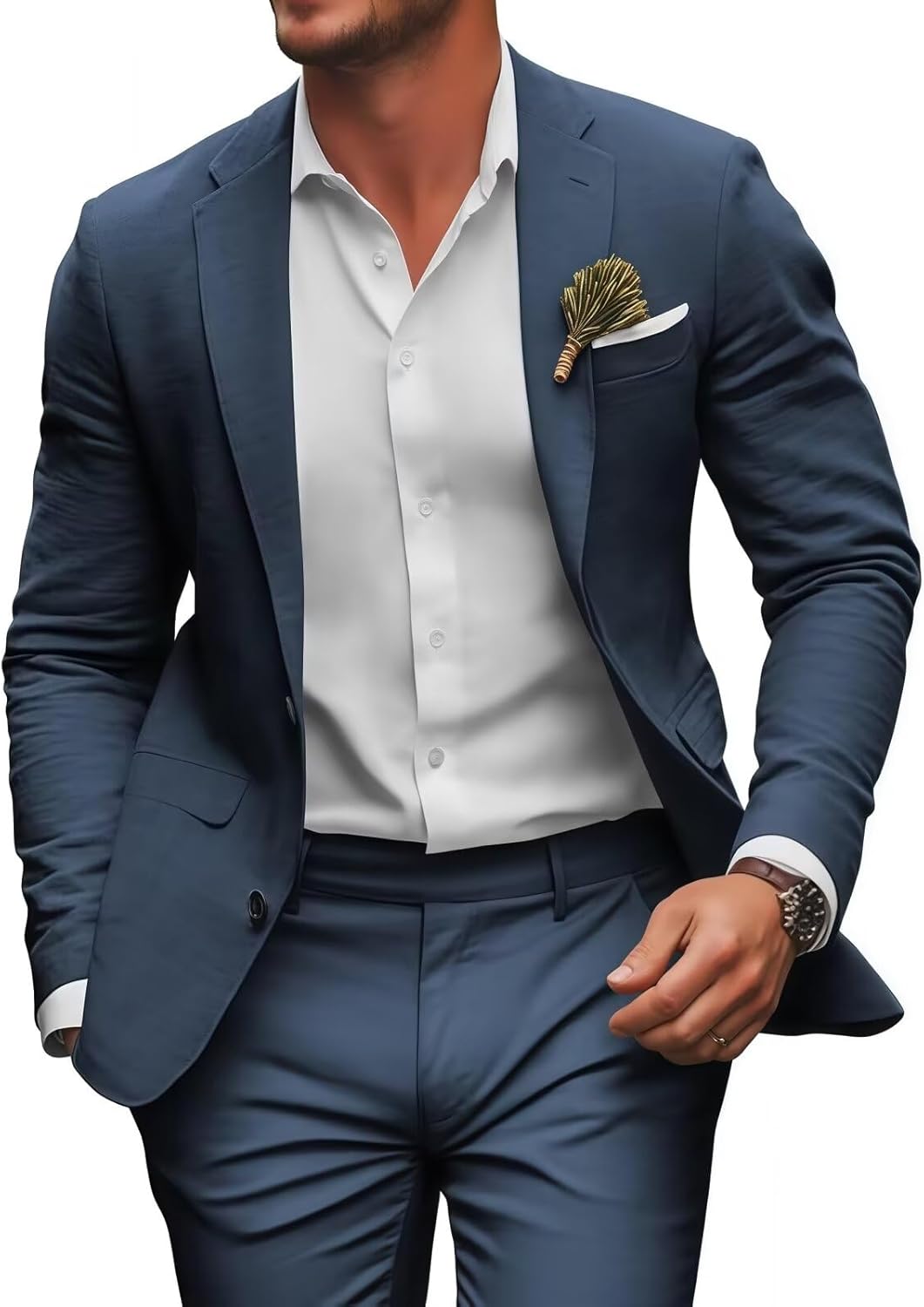 Retro Linen Mens Suit 2 Pieces Slim Fit Light Weight Beach Summer Wedding Tuxedo Set Jacket Blazer Pants for Men