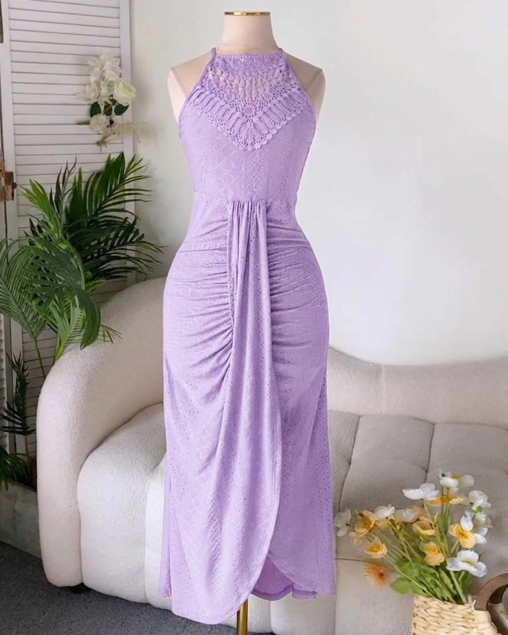 CHICME Womens Summer Halter Dress Hollow Out A Line Vacation Dresses with Eyelet Embroidery & Side Slit