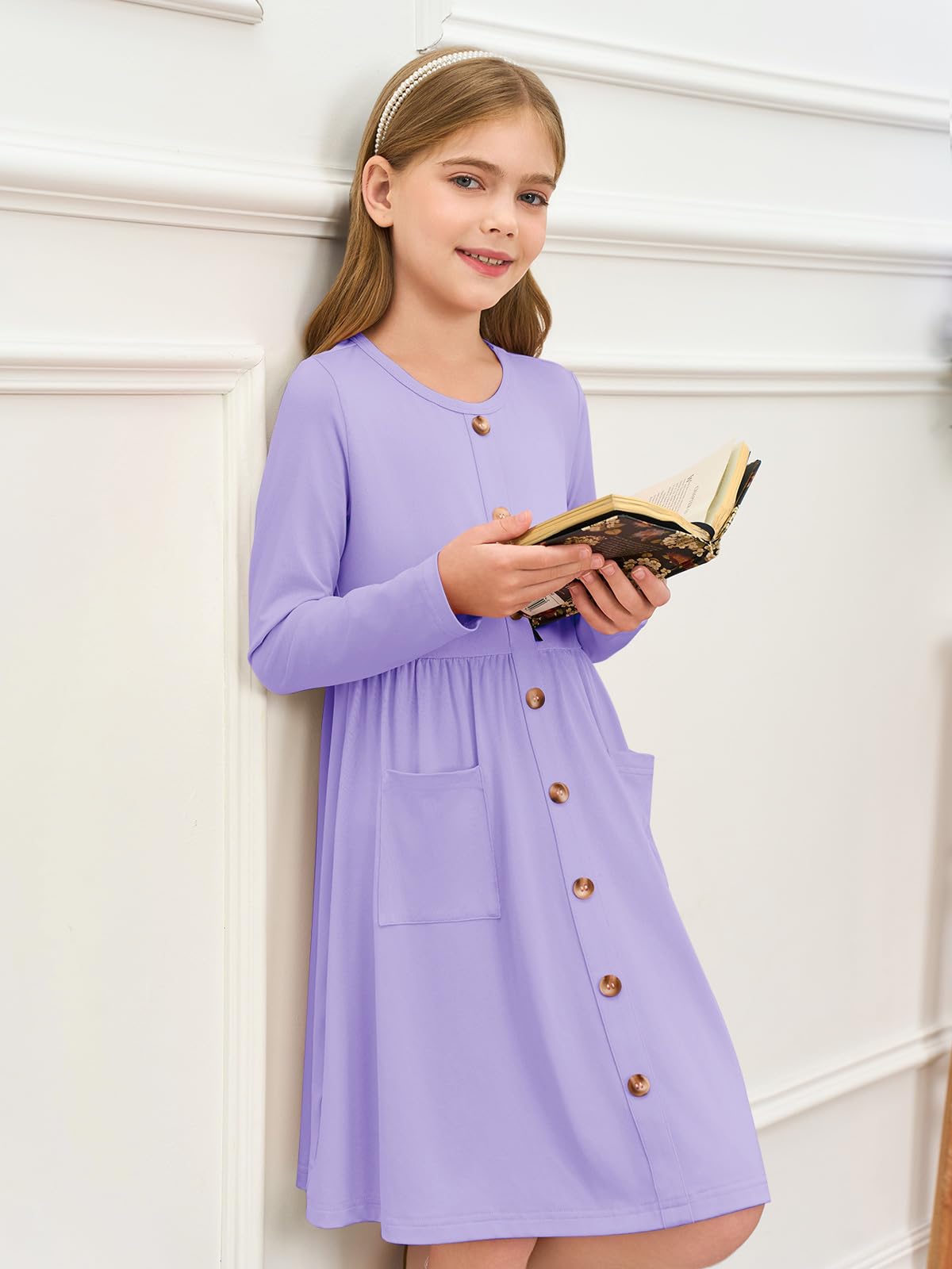 Girls Dresses Kids Button Down Midi Long Sleeve Casual A Line Dress with Pockets 4-14 Years