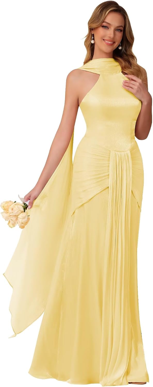 Halter Bridesmaid Dresses Long with Scarf Shimmer Chiffon Formal Dress Pleated Mermaid Evening Gowns for Women