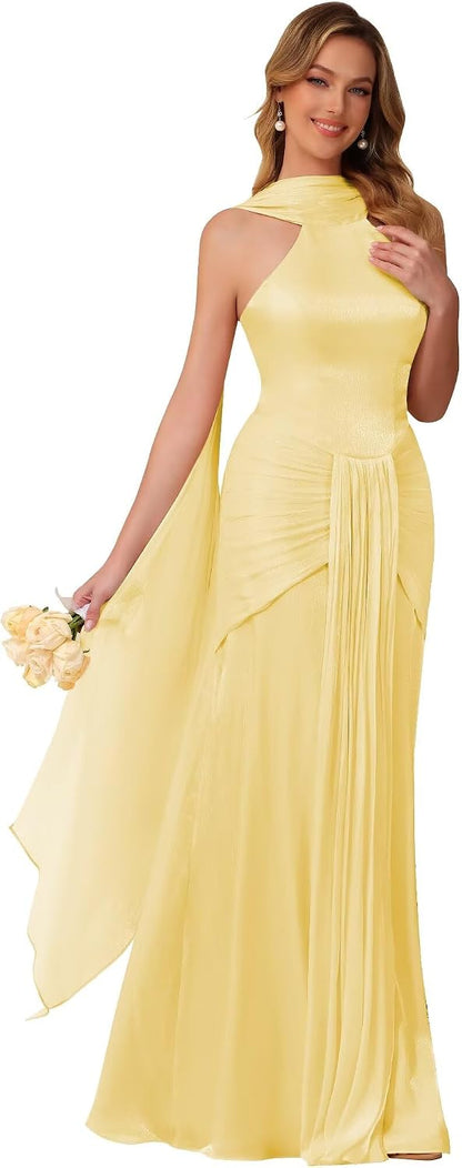 Halter Bridesmaid Dresses Long with Scarf Shimmer Chiffon Formal Dress Pleated Mermaid Evening Gowns for Women