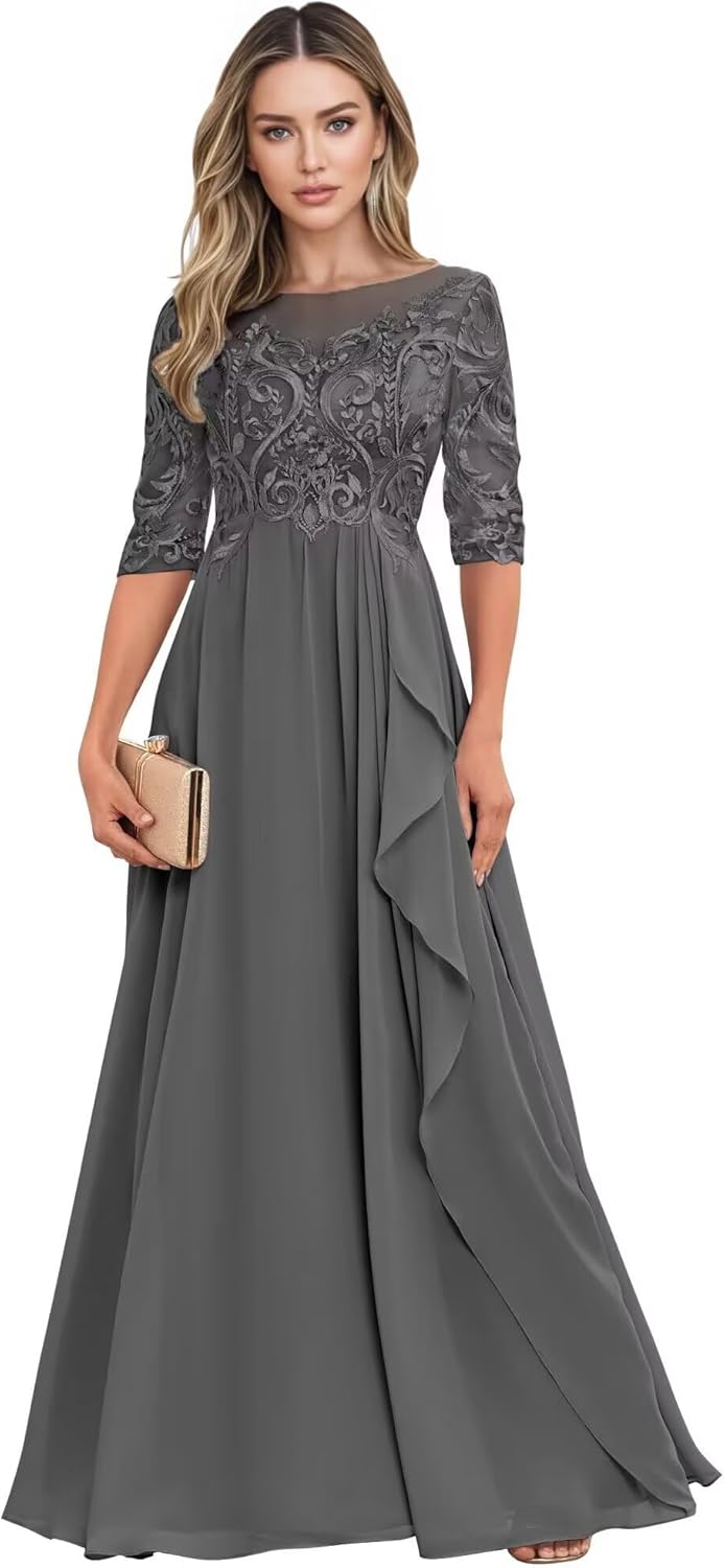 Long Mother of The Bride Dresses for Wedding Guest Half Sleeves Ruffle A Line Evening Party Gown HX012