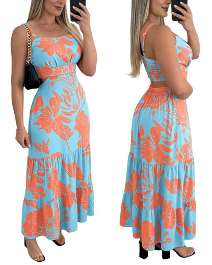 CHICME Summer Dresses for Women 2026 Sleeveless Casual Boho Maxi Dress Square Neck Cut Out Floral A Line Dress